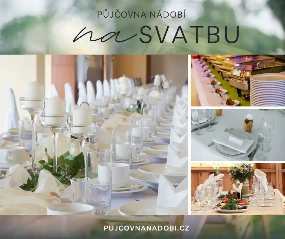 Svatební stůl nachystaný s klasickým svatebním nádobím pro servírovanou hostinu